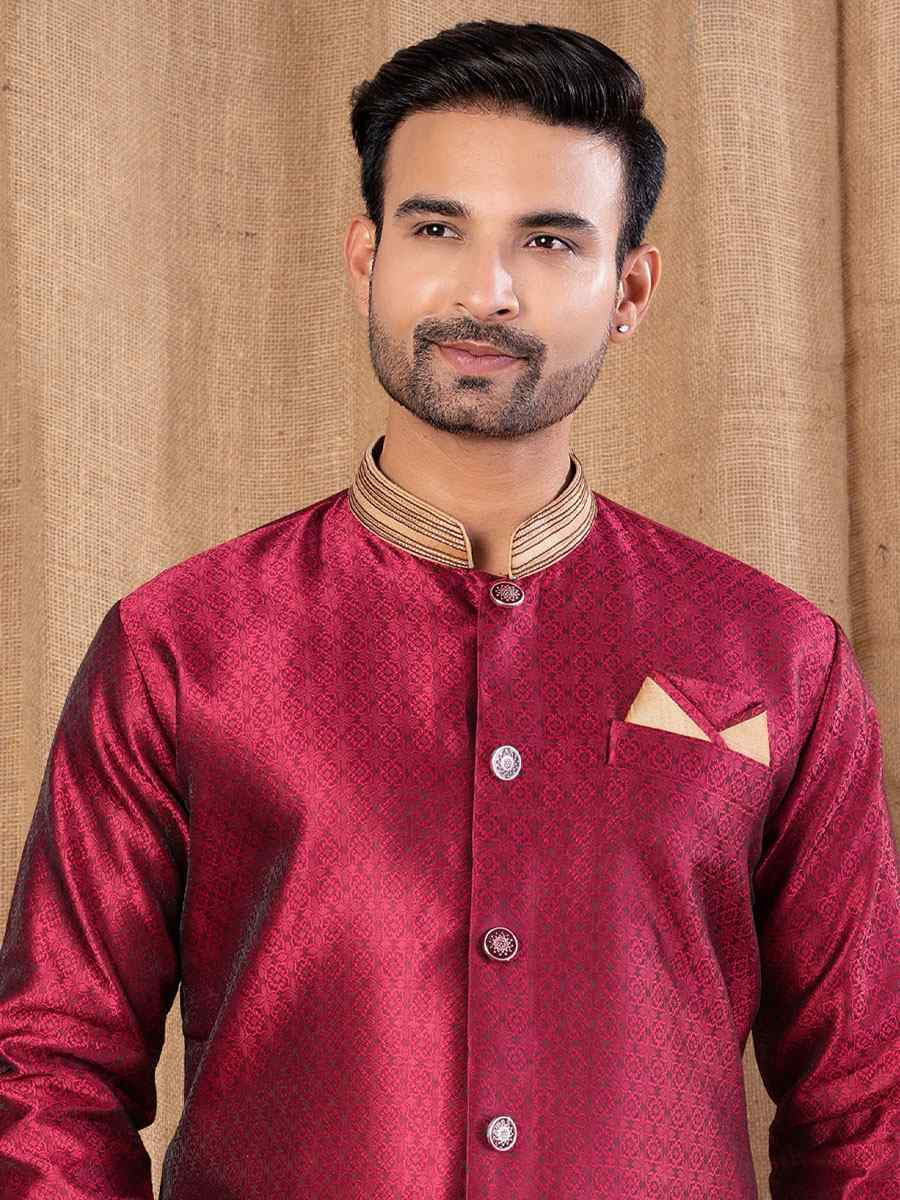 Maroon Jacquard Embroidery Festival Wedding Party Mens Kurta