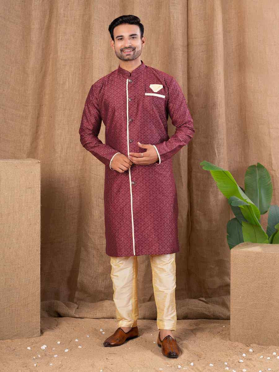Maroon Jacquard Embroidery Festival Wedding Party Mens Kurta