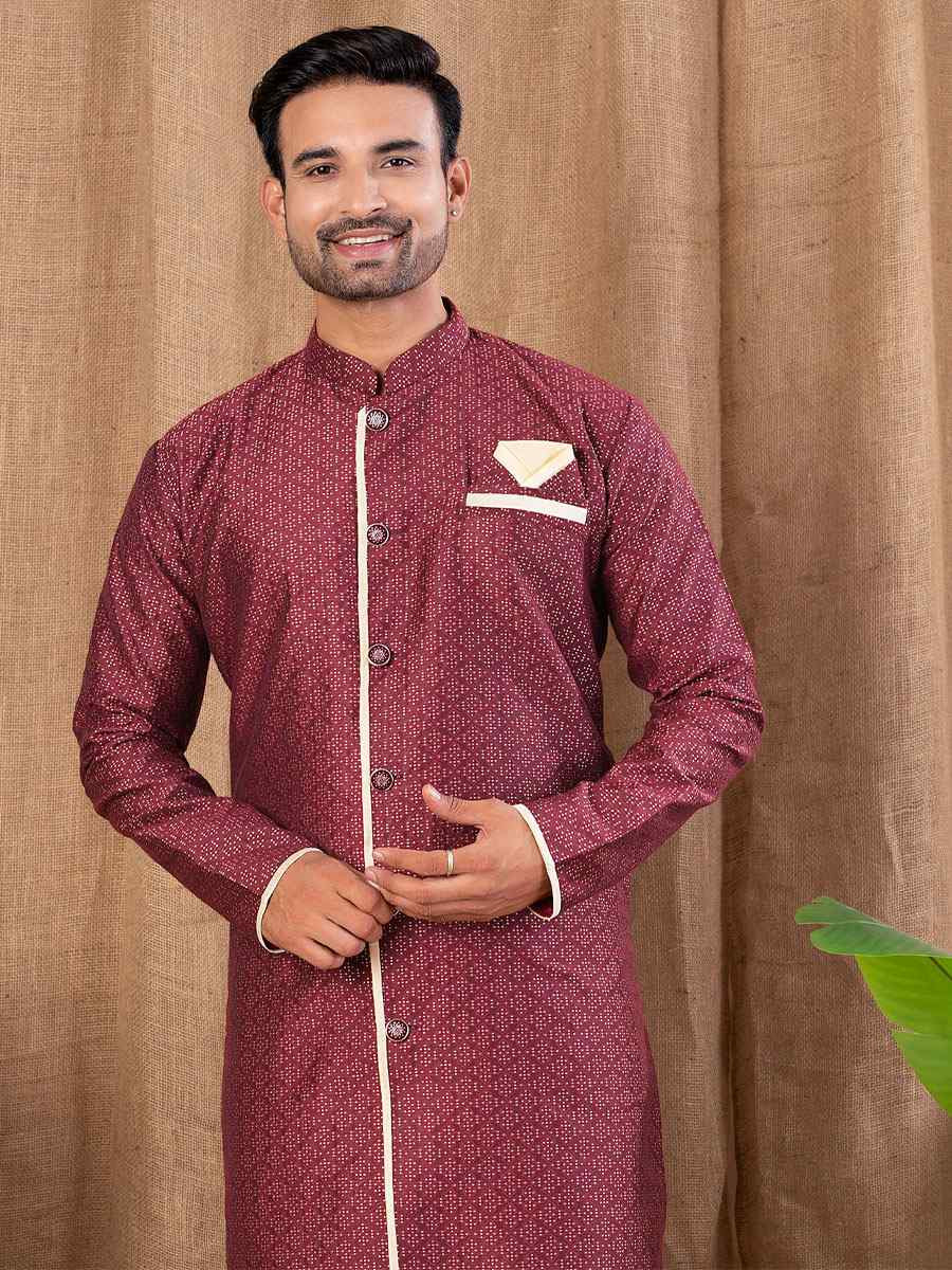 Maroon Jacquard Embroidery Festival Wedding Party Mens Kurta