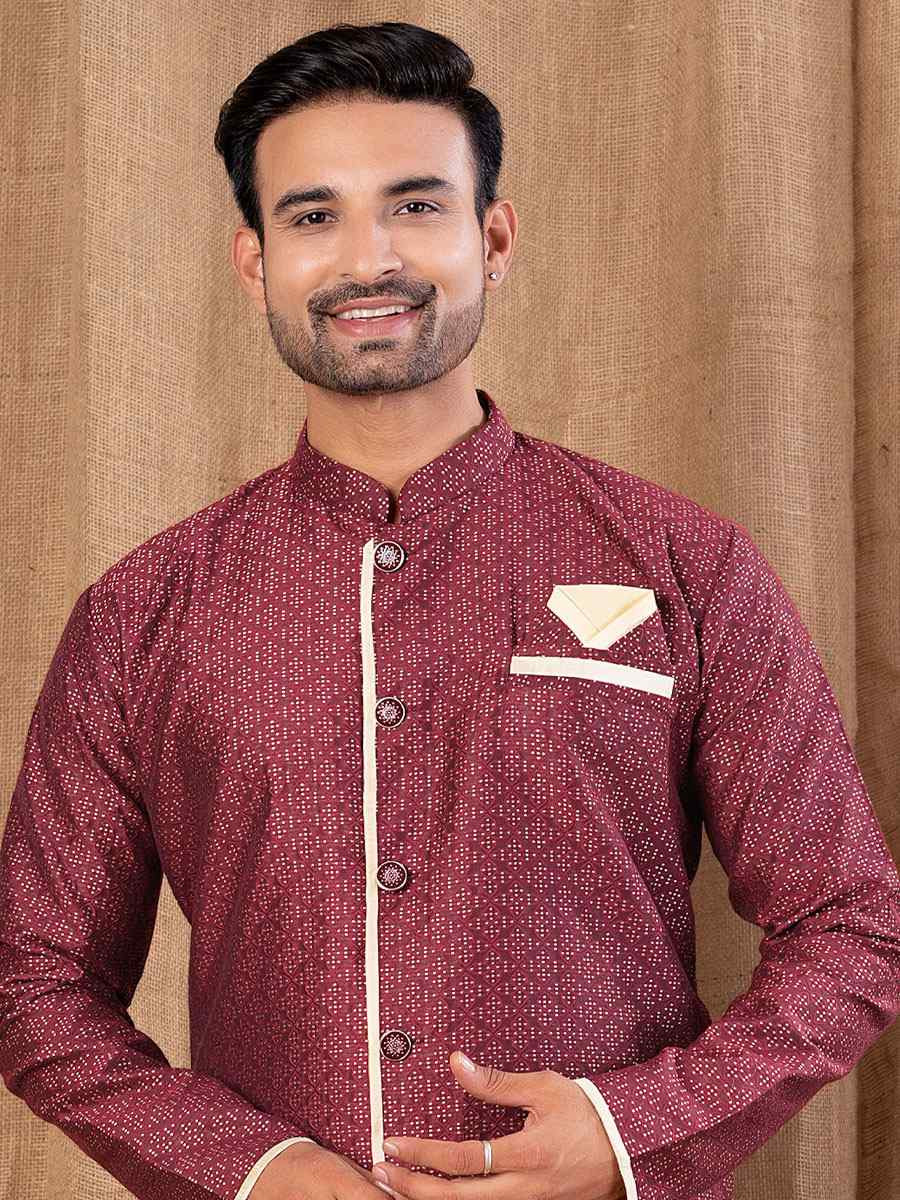 Maroon Jacquard Embroidery Festival Wedding Party Mens Kurta