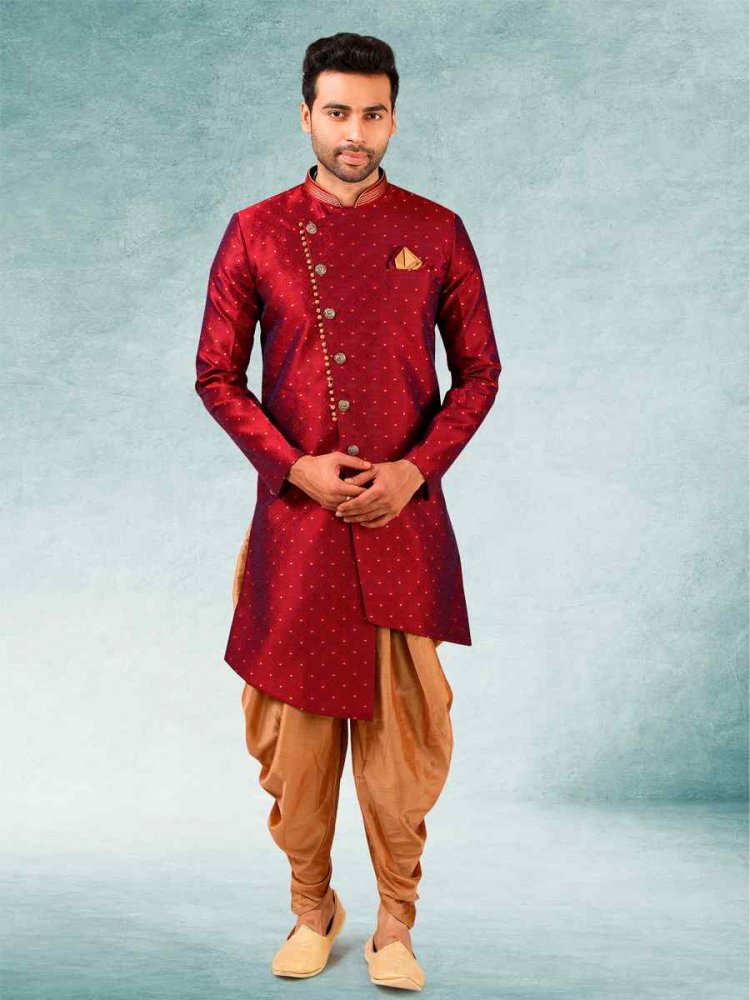 Maroon Jacquard Silk Brocade Cutwork Party Wedding Kurta