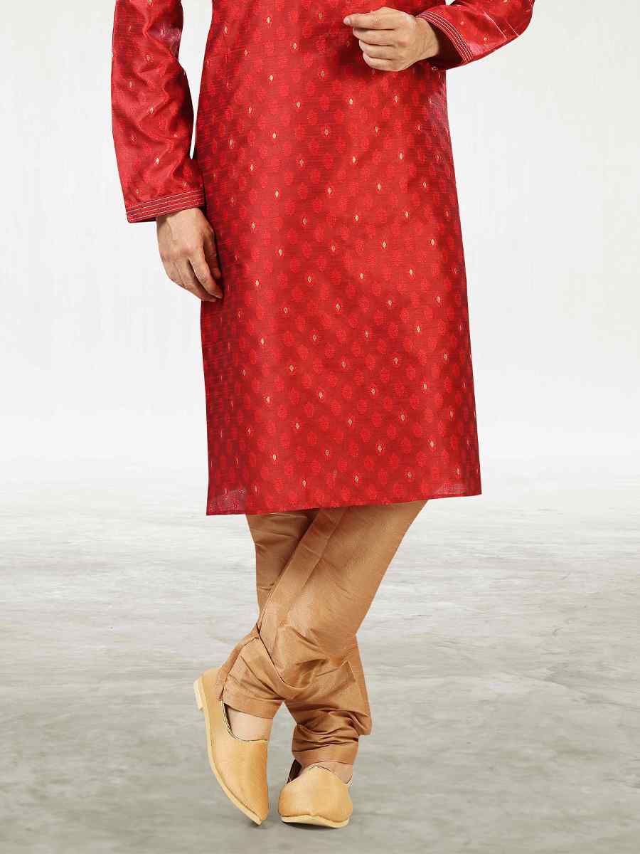 Maroon Jacquard Silk Brocade Woven Party Churidar Kurta