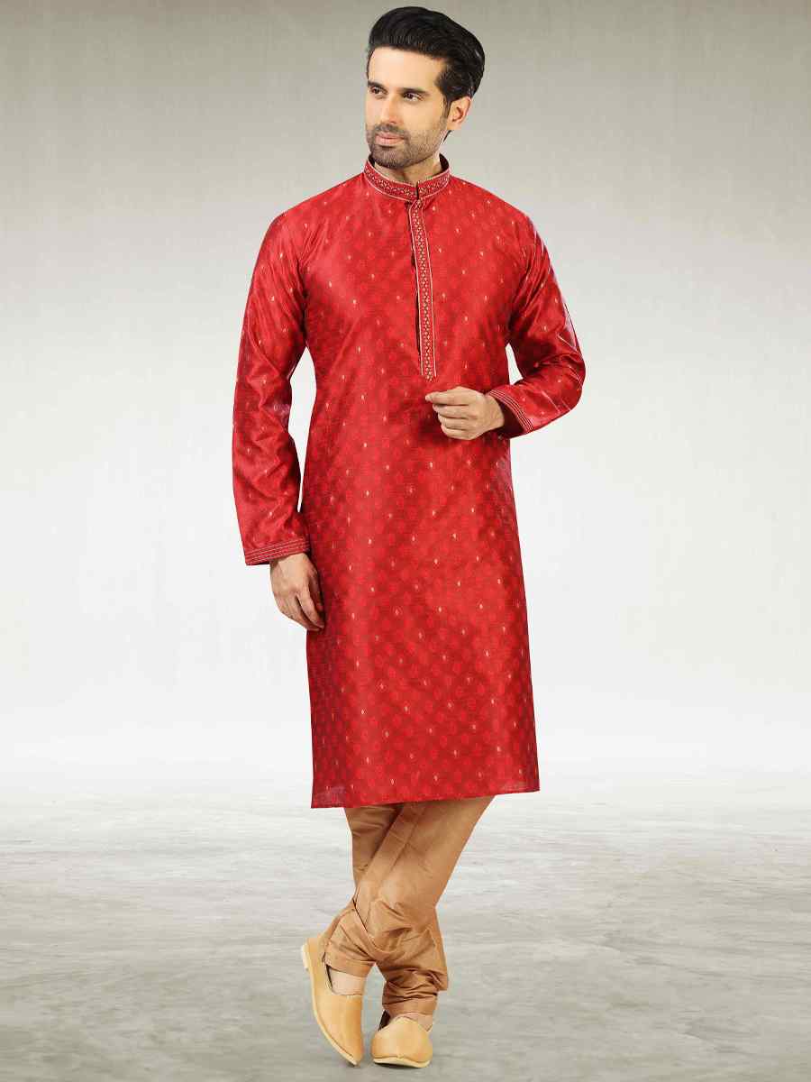 Maroon Jacquard Silk Brocade Woven Party Churidar Kurta