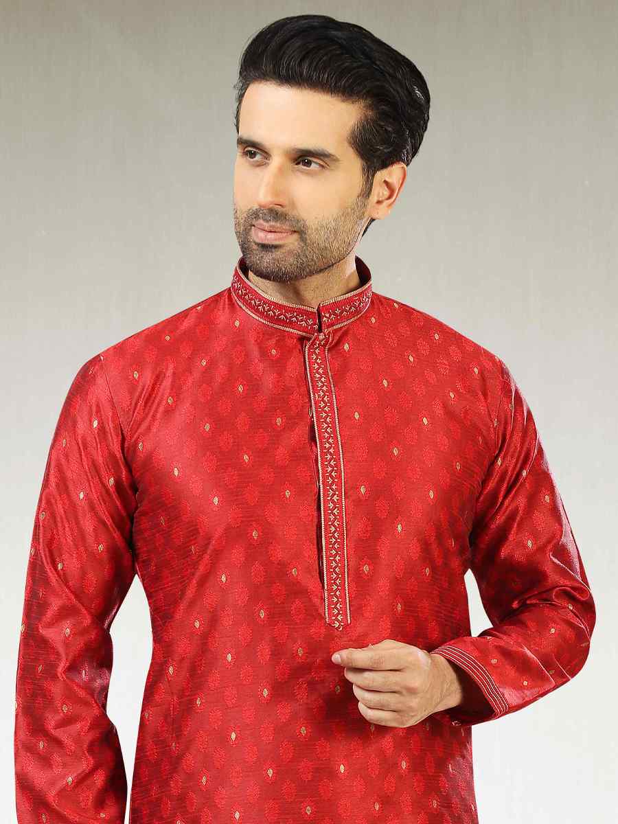 Maroon Jacquard Silk Brocade Woven Party Churidar Kurta
