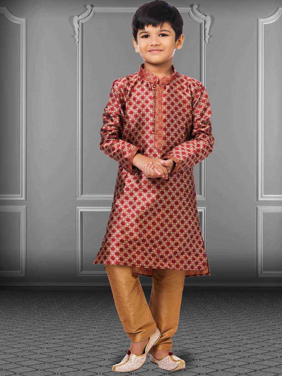 Maroon Jacquard Silk Embroidered Festival Kurta Pyjama Boys Wear