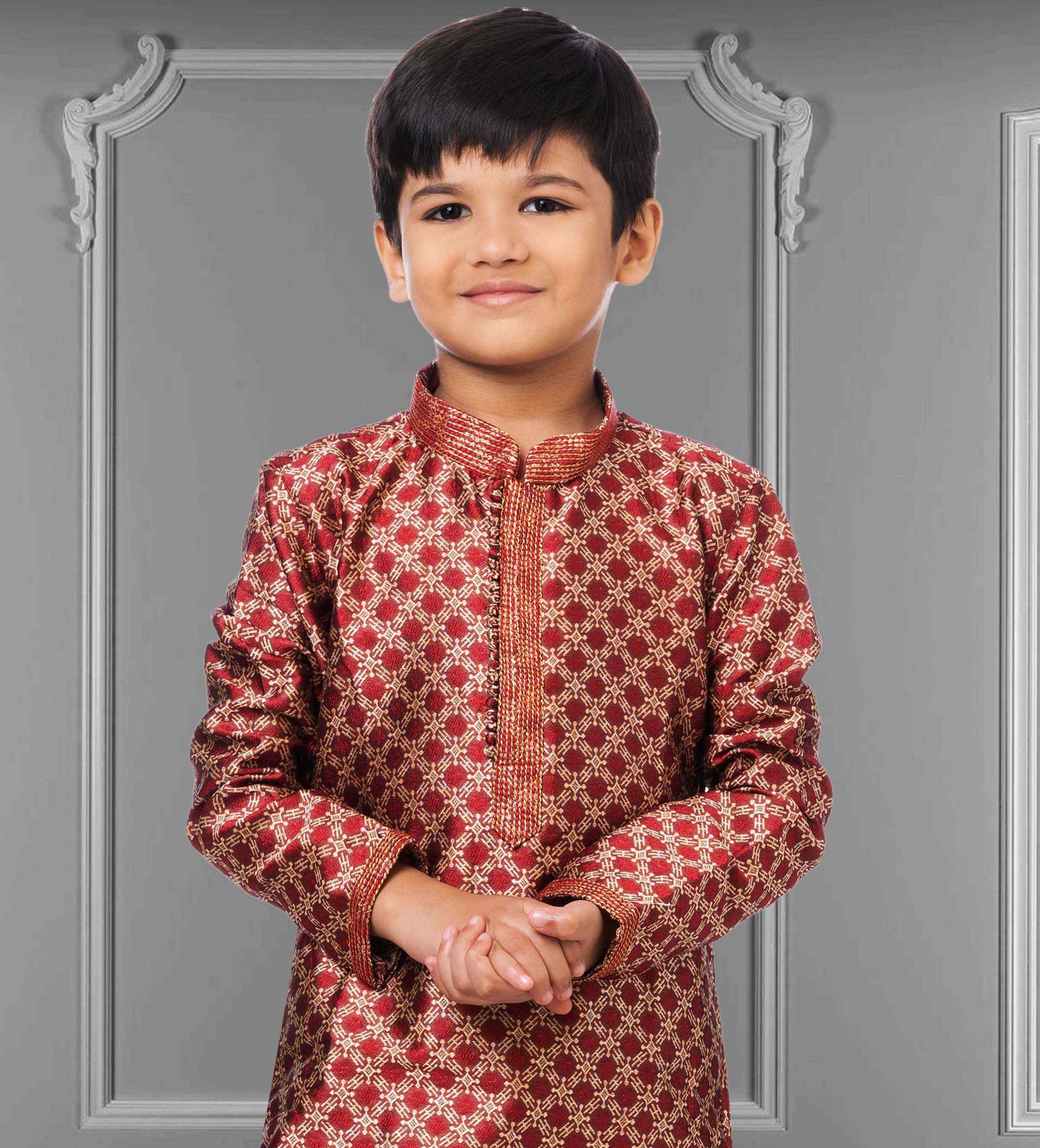 Maroon Jacquard Silk Embroidered Festival Kurta Pyjama Boys Wear