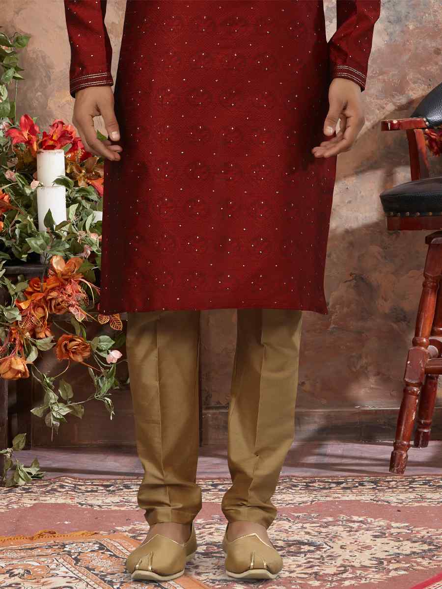 Maroon Jacquard Woven Festival Party Kurta