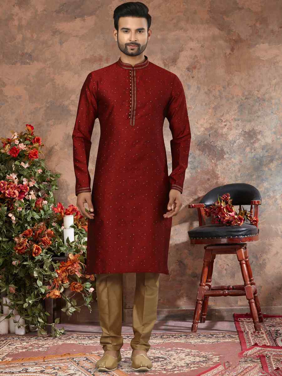 Maroon Jacquard Woven Festival Party Kurta