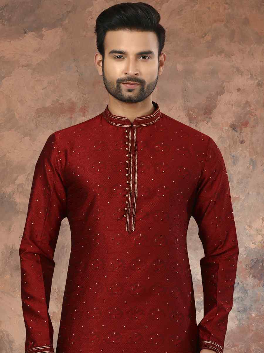 Maroon Jacquard Woven Festival Party Kurta