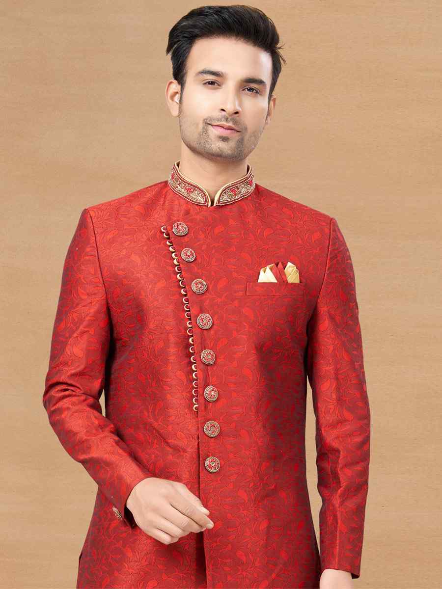 Maroon Jacquard Woven Festival Wedding Sherwani