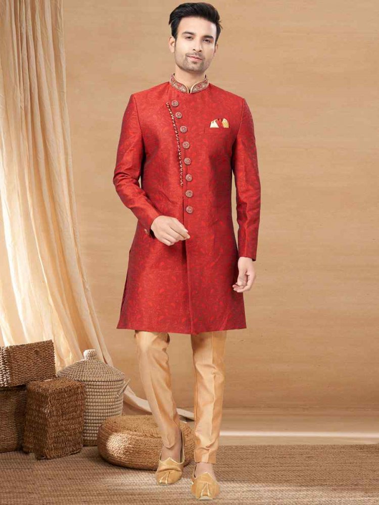 Maroon Jacquard Woven Festival Wedding Sherwani