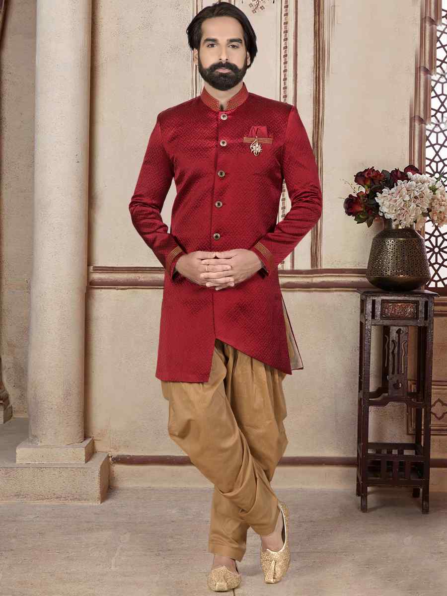 Maroon Jacquard Woven Festival Wedding Sherwani Kurta