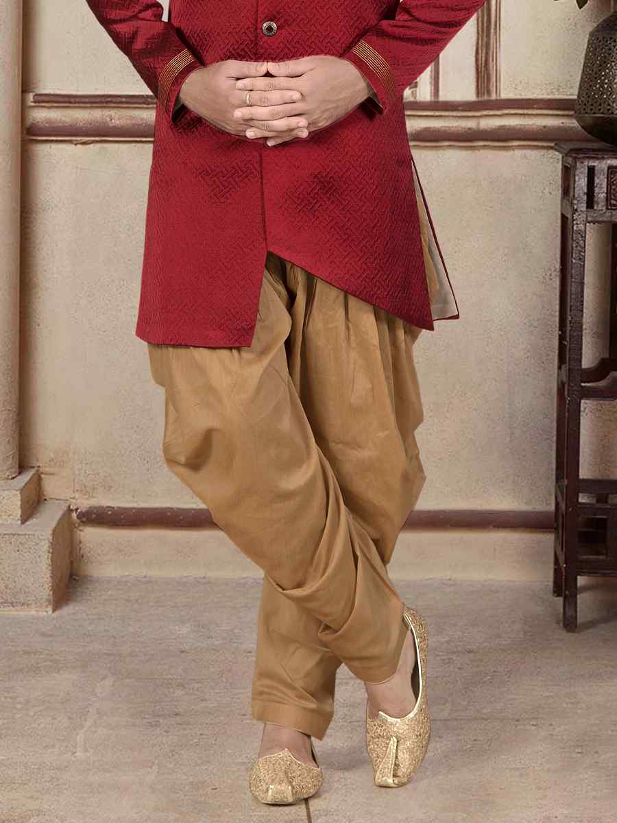 Maroon Jacquard Woven Festival Wedding Sherwani Kurta