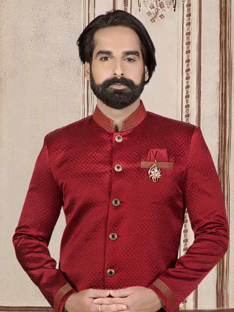 Maroon Jacquard Woven Festival Wedding Sherwani Kurta