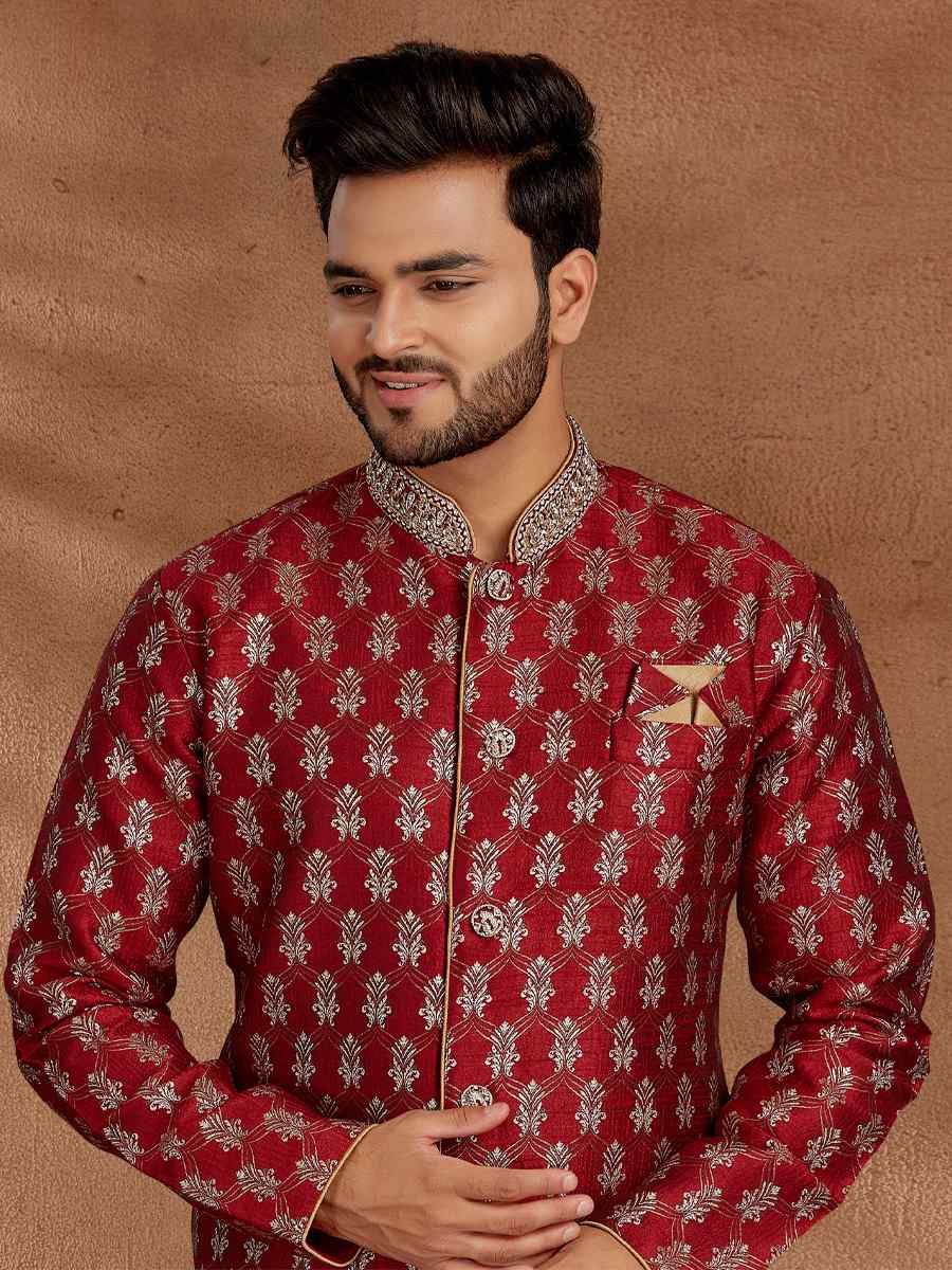 Maroon Jacquard Woven Party Wedding Kurta