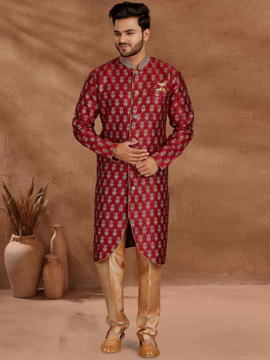 Maroon Jacquard Woven Party Wedding Kurta