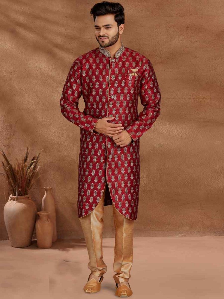 Maroon Jacquard Woven Party Wedding Kurta
