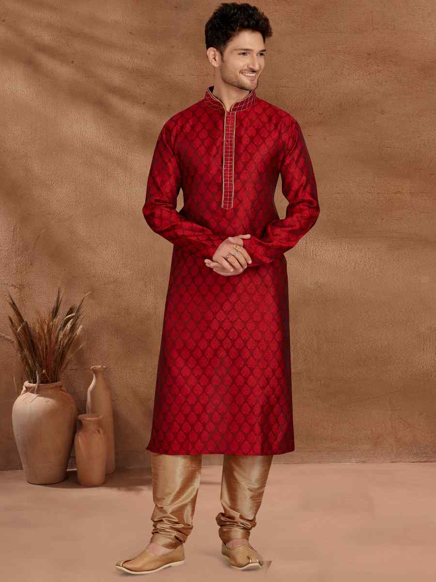 Maroon Jacquard Woven Party Wedding Kurta