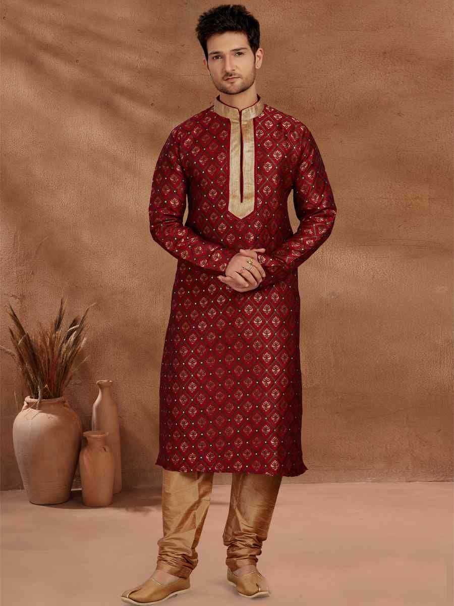 Maroon Jacquard Woven Party Wedding Kurta