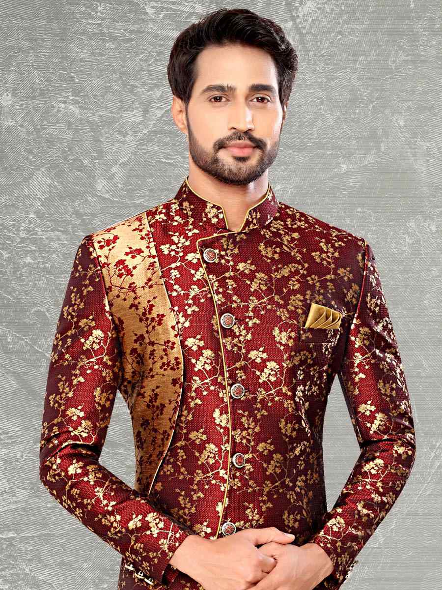 Maroon Jacquard Woven Party Wedding Sherwani