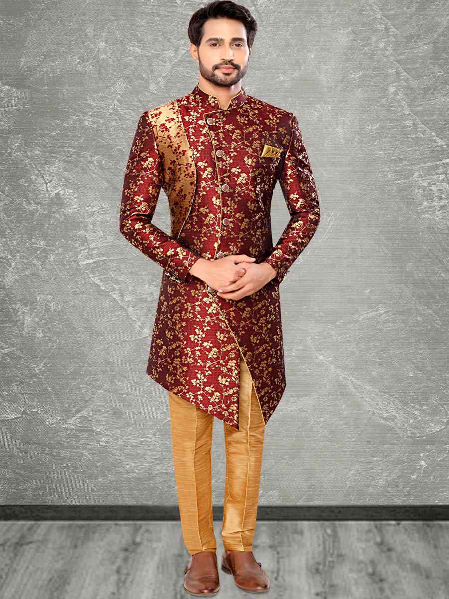 Maroon Jacquard Woven Party Wedding Sherwani