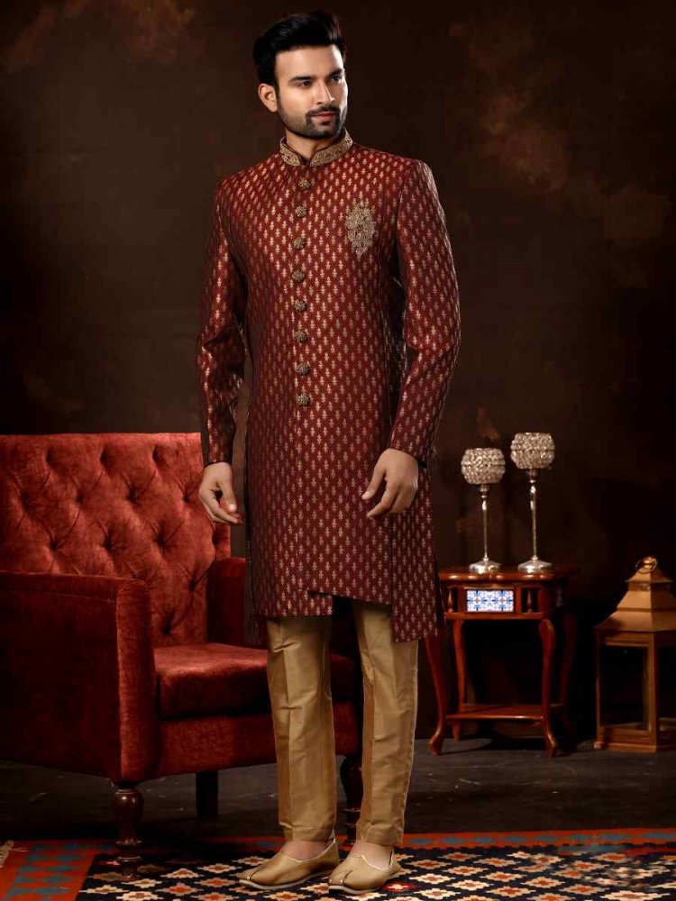 Maroon Jacquard Woven Wedding Party Sherwani