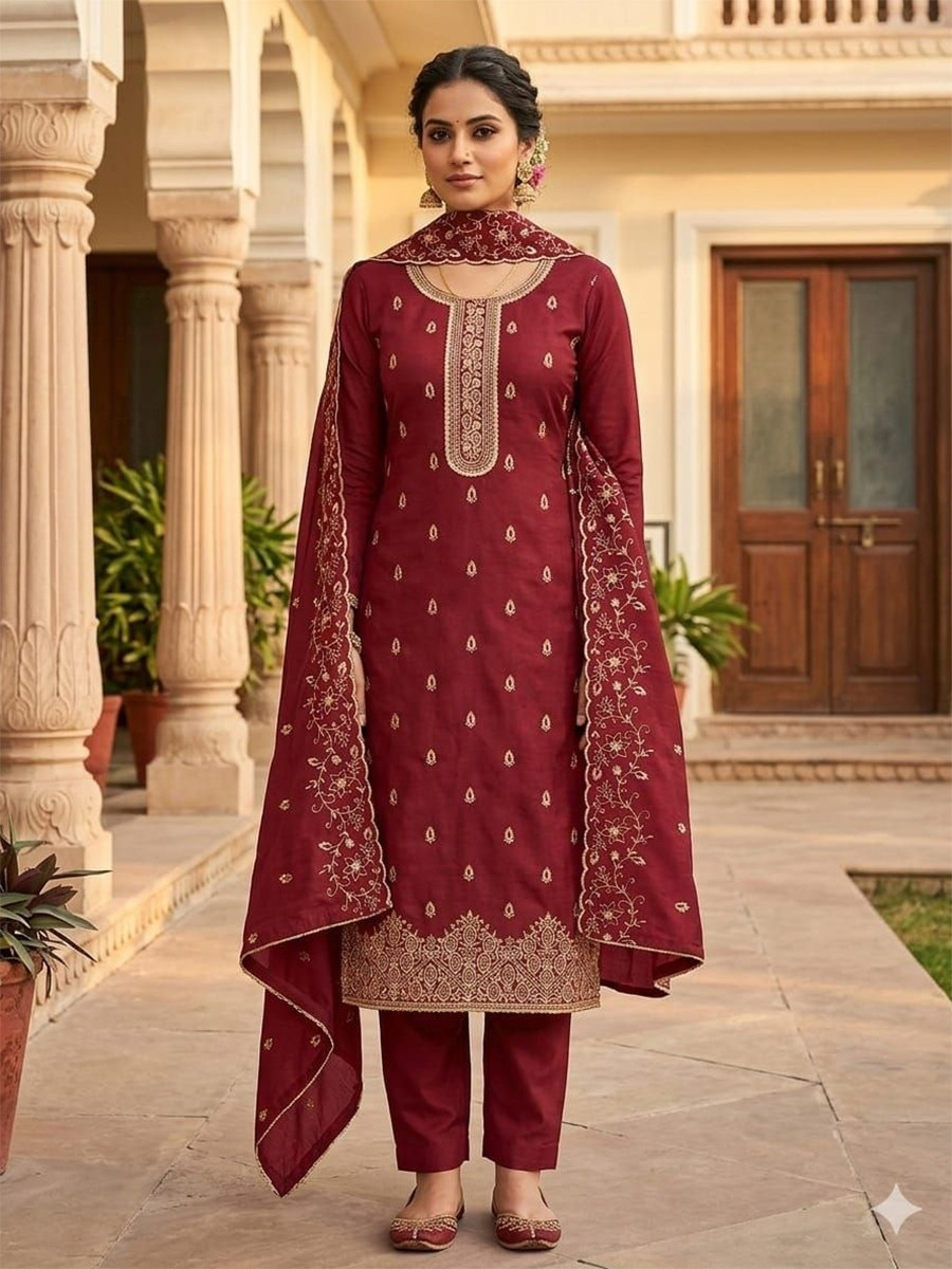 Maroon Jalpari Silk Embroidery Wedding Party Festival Casual Pant Salwar Kameez