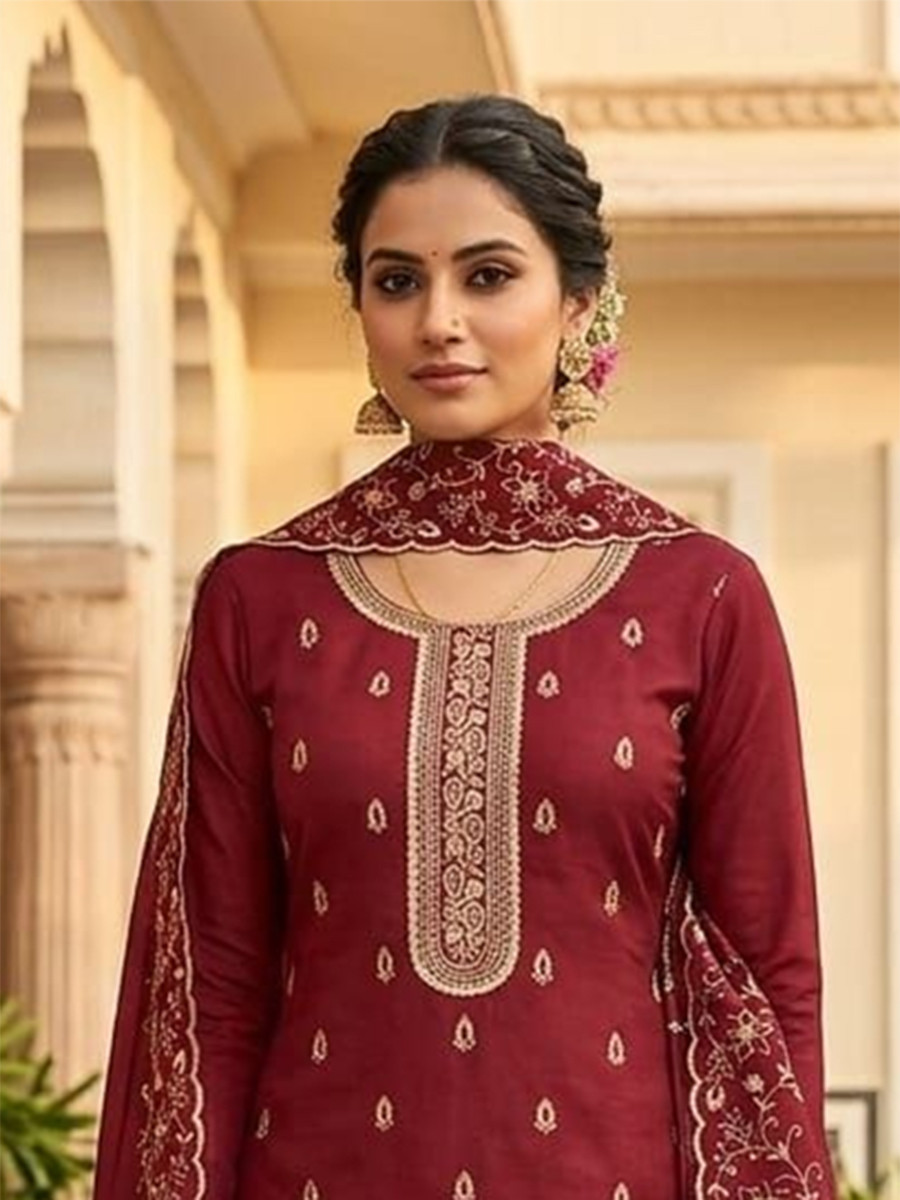 Maroon Jalpari Silk Embroidery Wedding Party Festival Casual Pant Salwar Kameez