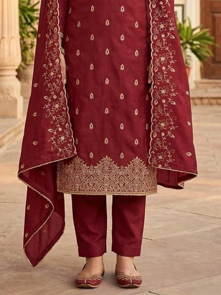 Maroon Jalpari Silk Embroidery Wedding Party Festival Casual Pant Salwar Kameez
