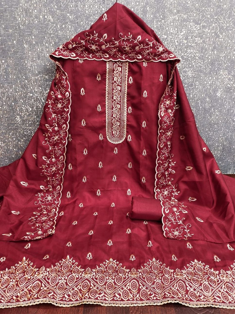 Maroon Jalpari Silk Embroidery Wedding Party Festival Casual Pant Salwar Kameez