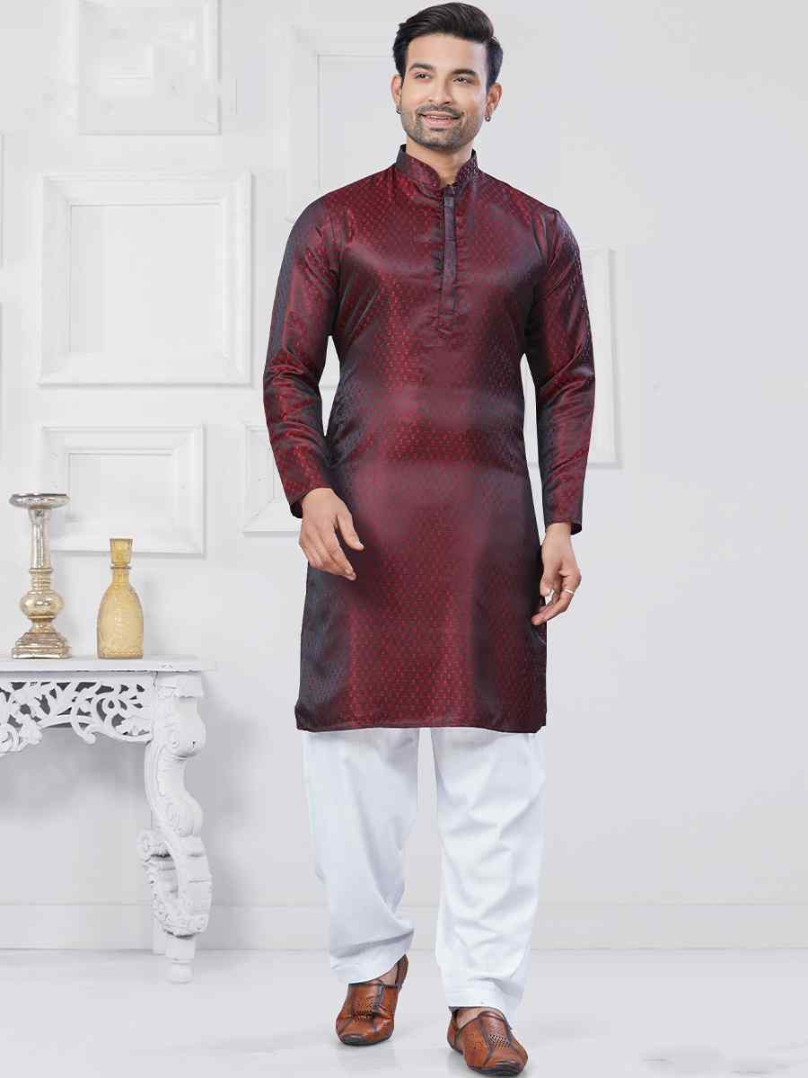 Maroon Jecquard Silk With Digital Print Festival Casual Kurta