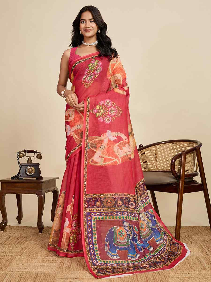 Maroon Linen Printed Traditional Casual Fancy Classic Style Sarees