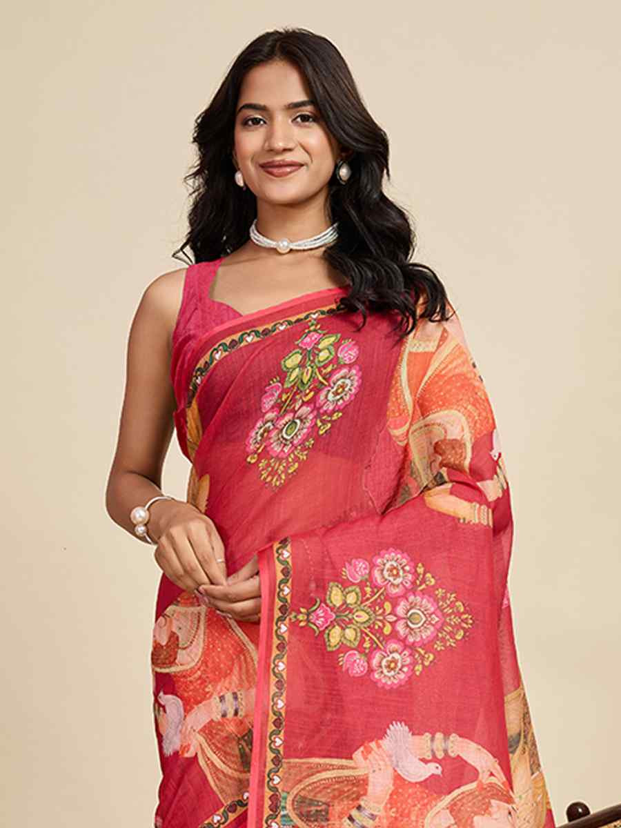 Maroon Linen Printed Traditional Casual Fancy Classic Style Sarees