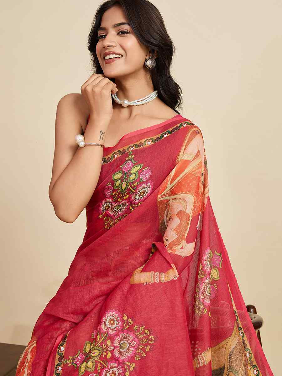Maroon Linen Printed Traditional Casual Fancy Classic Style Sarees
