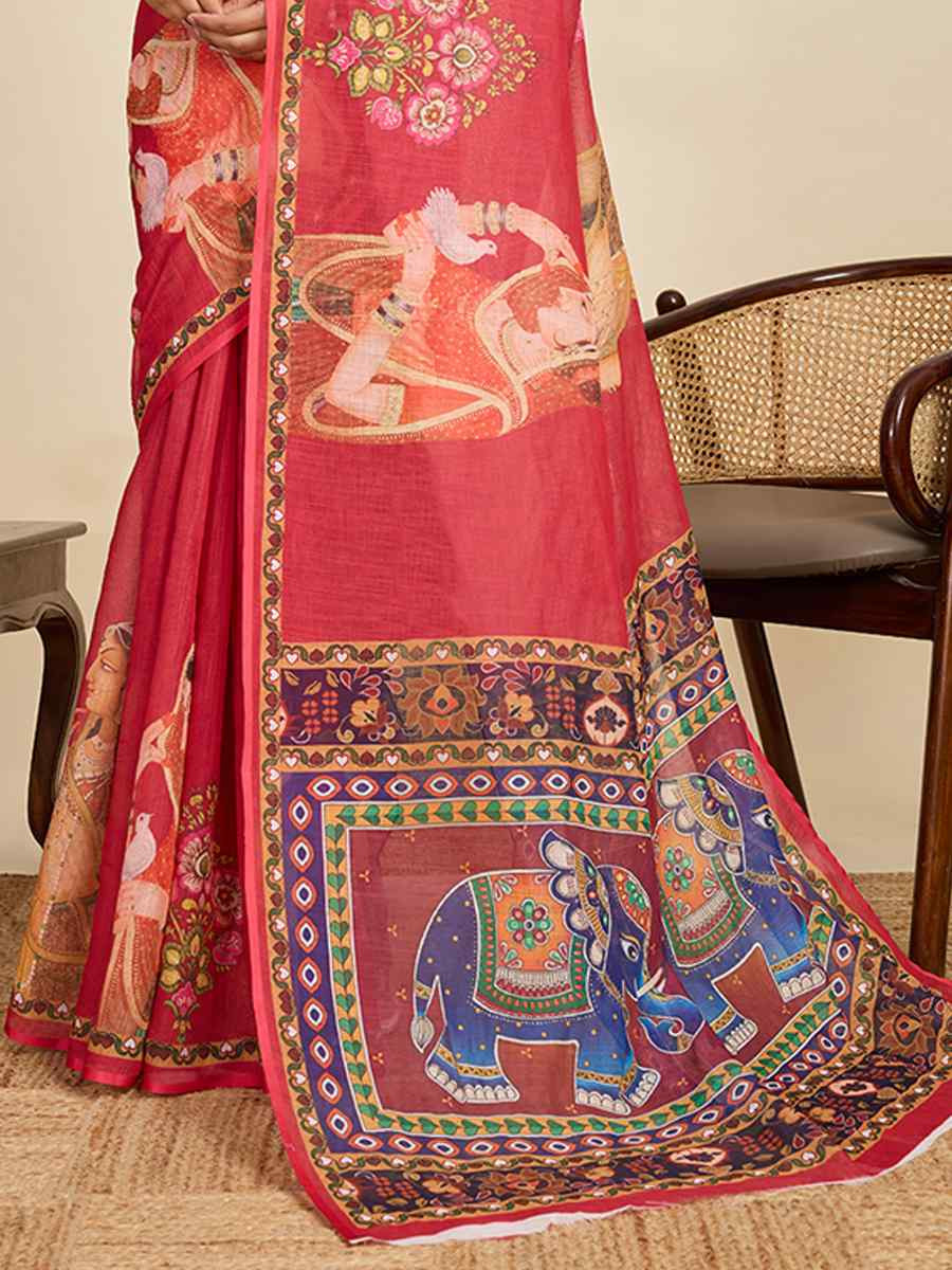 Maroon Linen Printed Traditional Casual Fancy Classic Style Sarees