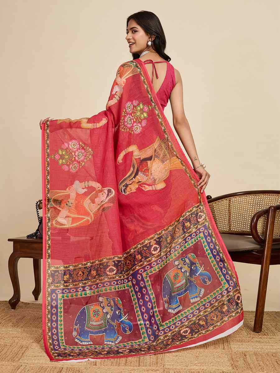 Maroon Linen Printed Traditional Casual Fancy Classic Style Sarees
