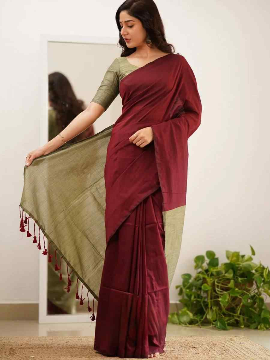 Maroon Mal Cotton Plain Casual Party Festival Wedding Fancy Classic Style Sarees