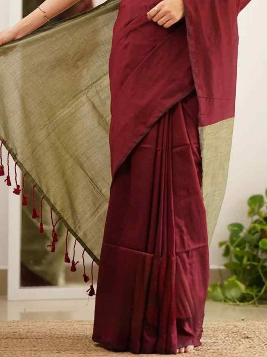 Maroon Mal Cotton Plain Casual Party Festival Wedding Fancy Classic Style Sarees