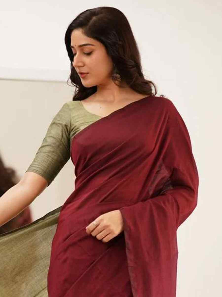 Maroon Mal Cotton Plain Casual Party Festival Wedding Fancy Classic Style Sarees