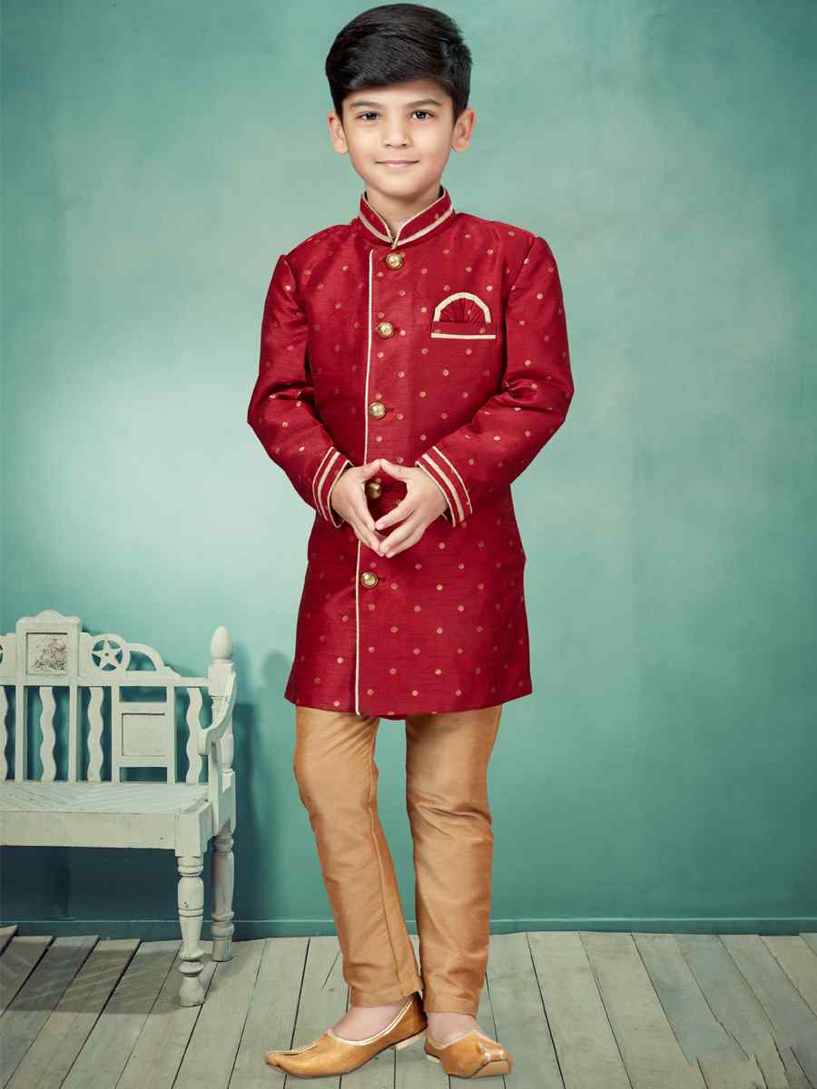 Maroon Malbari Booti Embroidered Party Festival Kurta Pyjama Boys Wear