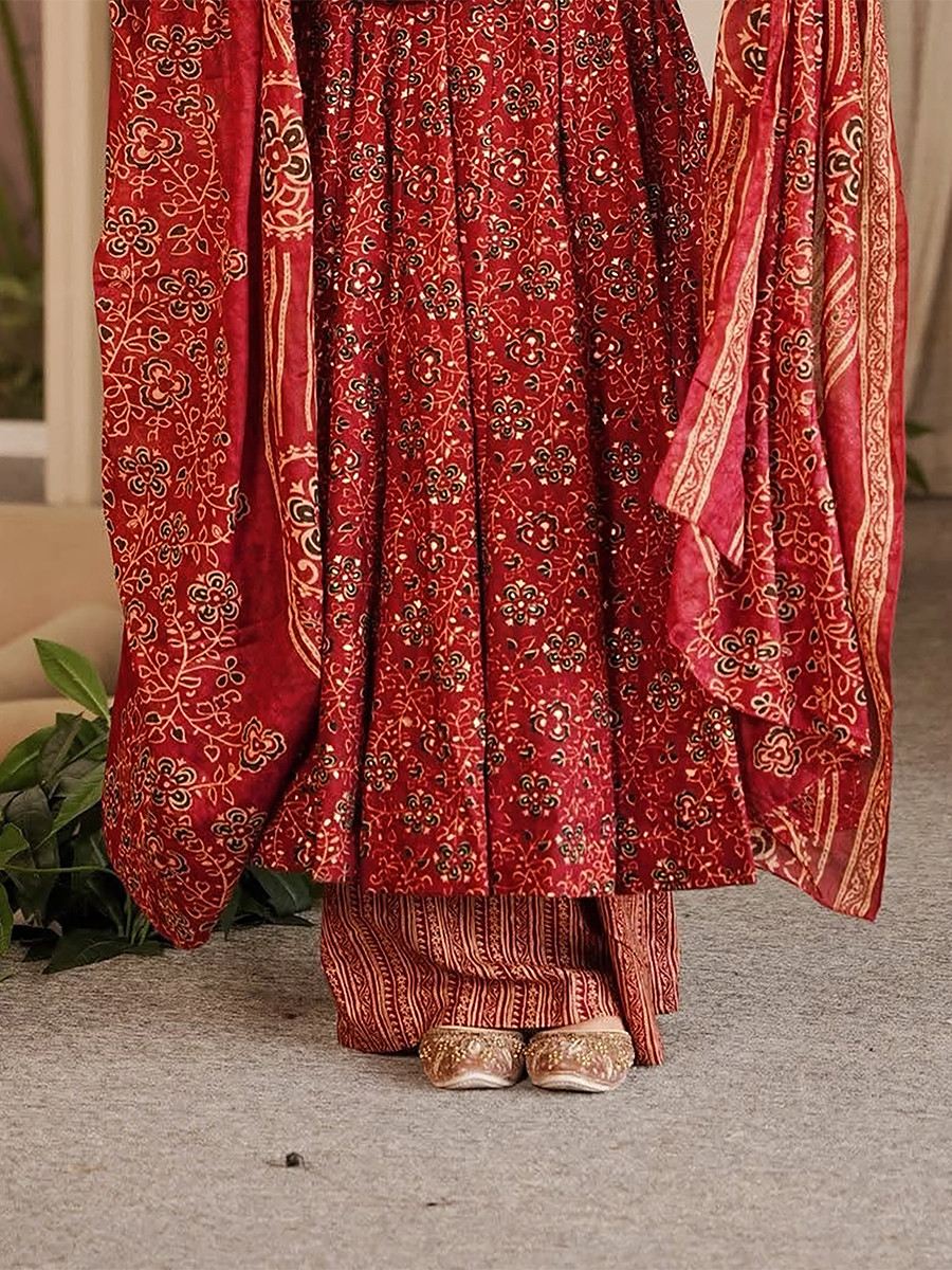 Maroon Maslin Digital Printed Wedding Party Festival Casual Ready Anarkali Palazzo Pant Salwar Kameez