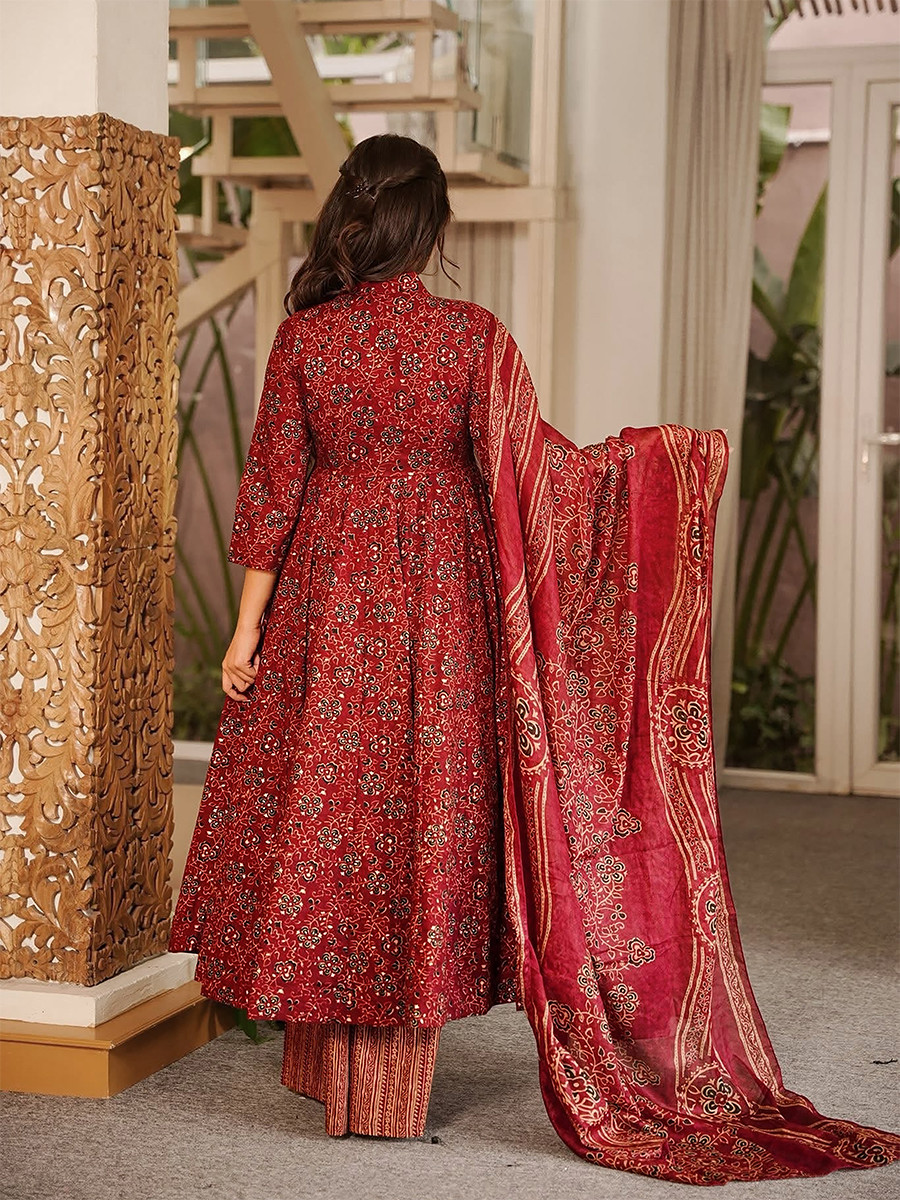 Maroon Maslin Digital Printed Wedding Party Festival Casual Ready Anarkali Palazzo Pant Salwar Kameez