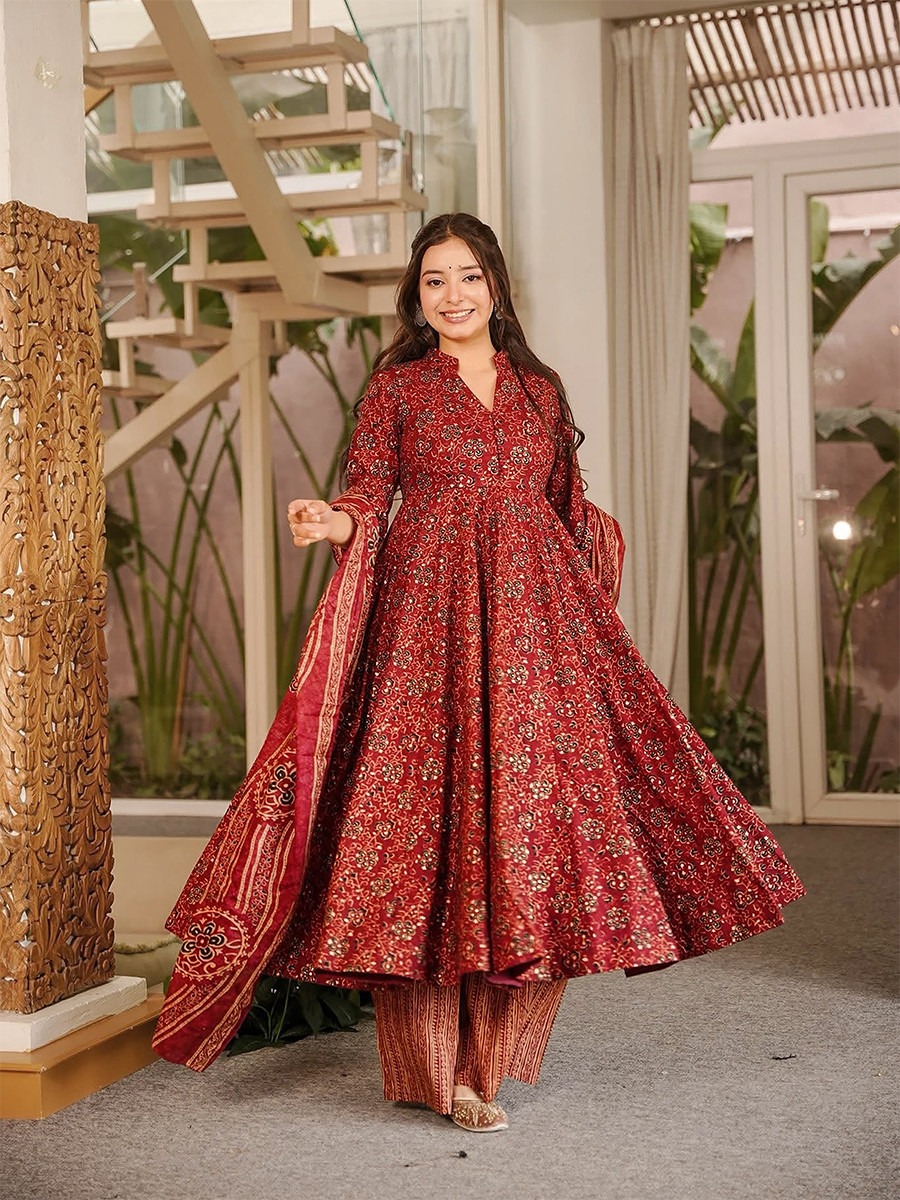 Maroon Maslin Digital Printed Wedding Party Festival Casual Ready Anarkali Palazzo Pant Salwar Kameez