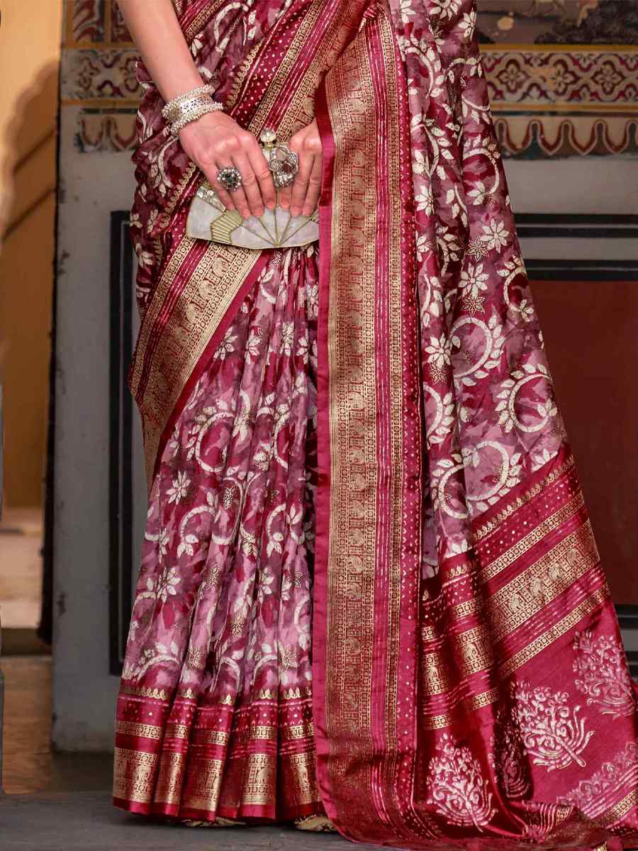 Maroon Mercetized Sigma Silk Printed Casual Festival Contemporary Saree