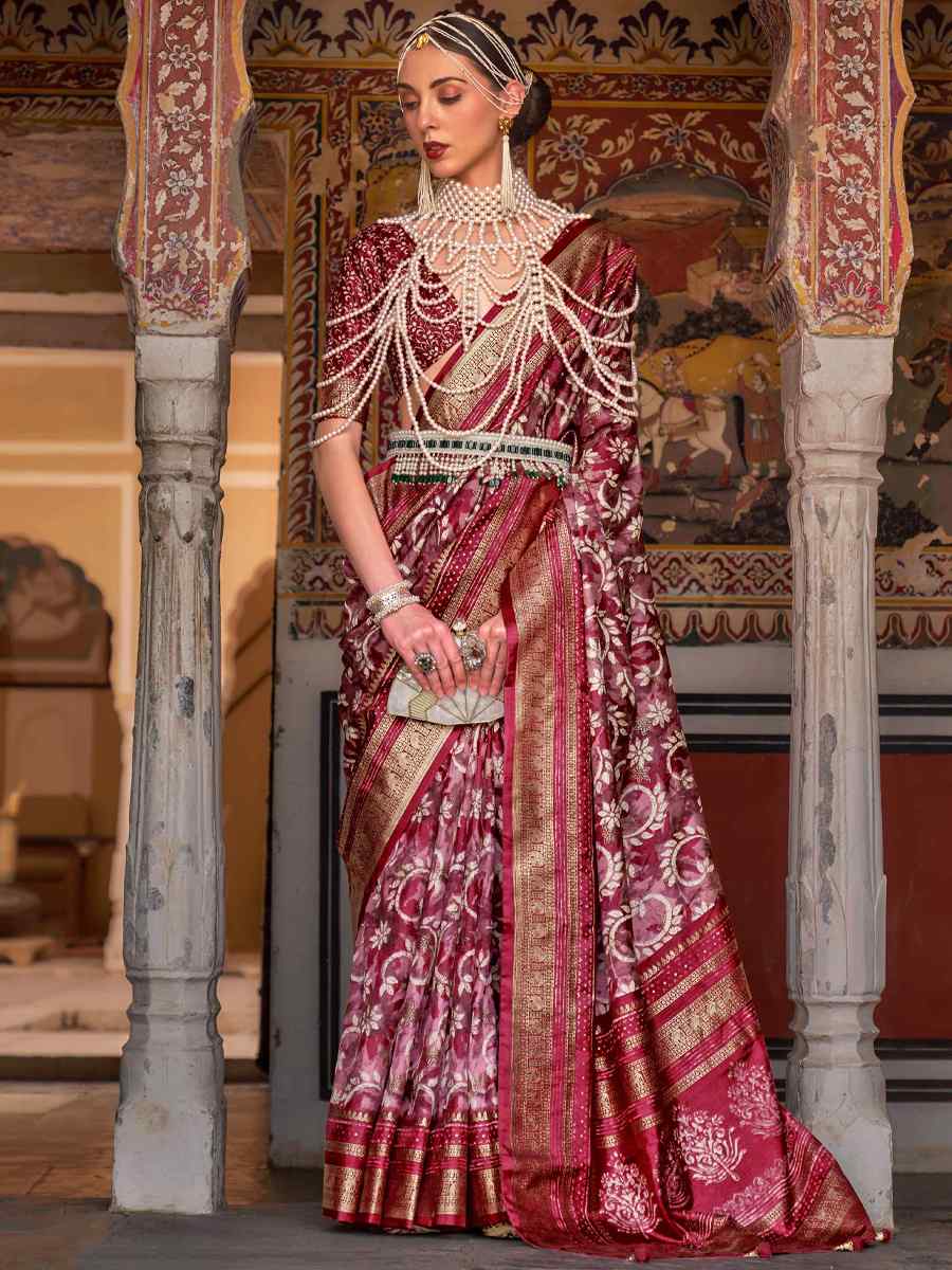 Maroon Mercetized Sigma Silk Printed Casual Festival Contemporary Saree