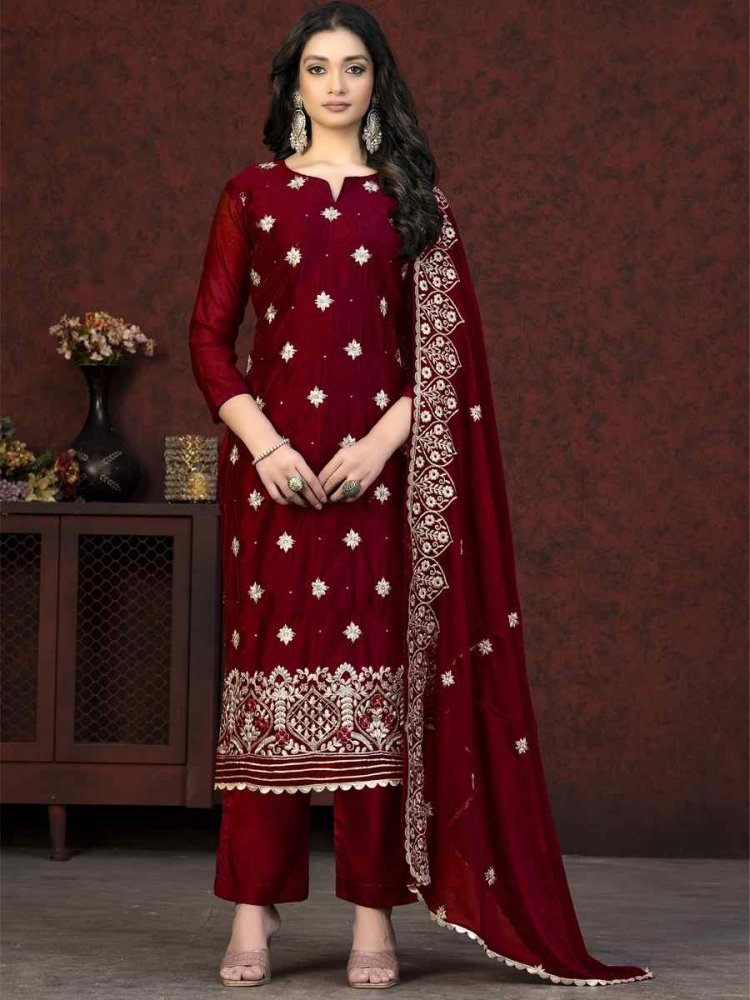 Maroon Modal Chanderi Embroidered Casual Festival Pant Salwar Kameez