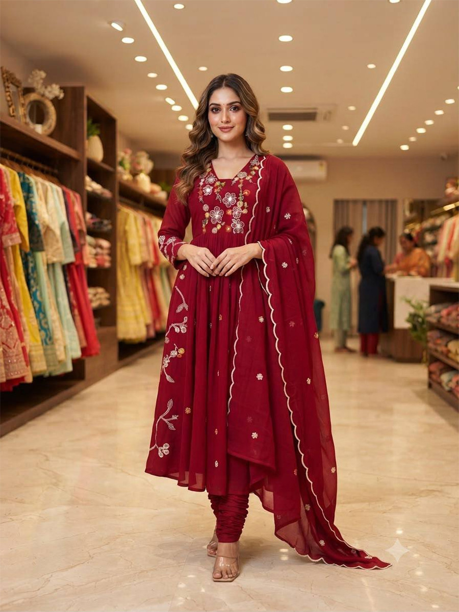 Maroon Mul Chanderi Silk Embroidery Sequins Wedding Party Festival Casual Ready Anarkali Pant Salwar Kameez