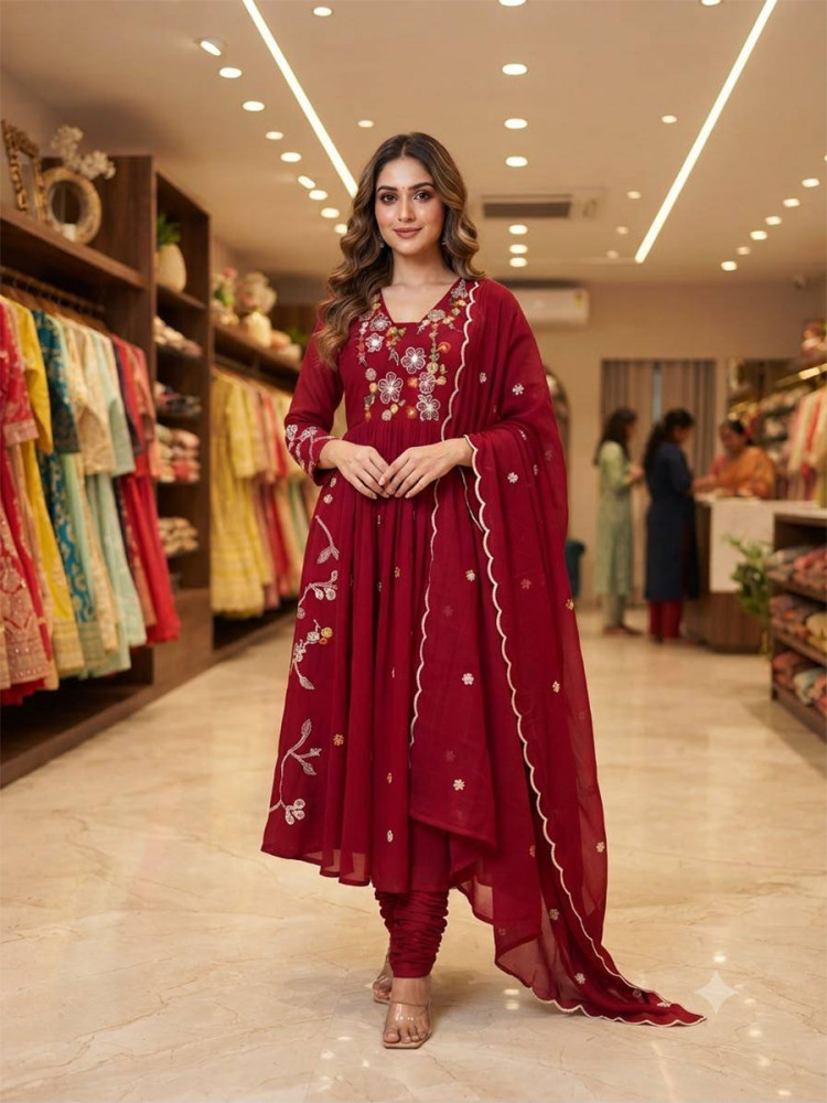 Image of Maroon Mul Chanderi Silk Embroidery Sequins Wedding Party Festival Casual Ready Anarkali Pant Salwar Kameez