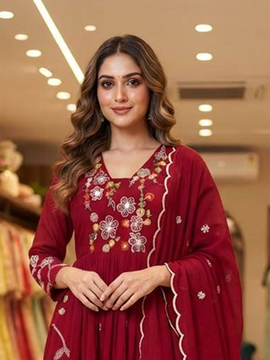 Maroon Mul Chanderi Silk Embroidery Sequins Wedding Party Festival Casual Ready Anarkali Pant Salwar Kameez