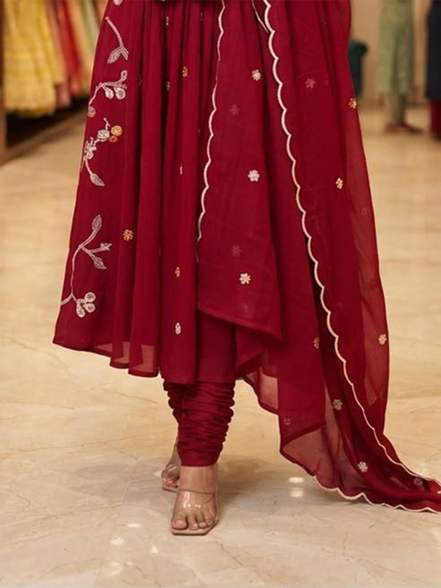 Maroon Mul Chanderi Silk Embroidery Sequins Wedding Party Festival Casual Ready Anarkali Pant Salwar Kameez
